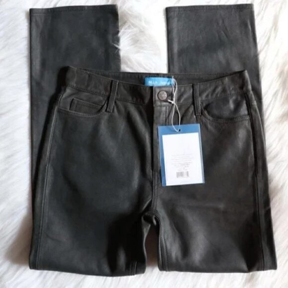 NWT Anthropologie Leather Pants Size 25 Green Black High Rise Straight Leg Lamb - Picture 5 of 10